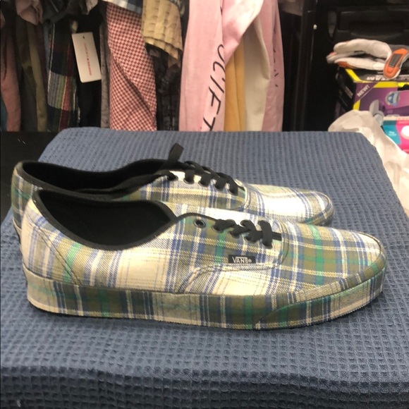 Vans Blue and Green Canvas Sneakers with Plaid Design - Picture 1 of 5